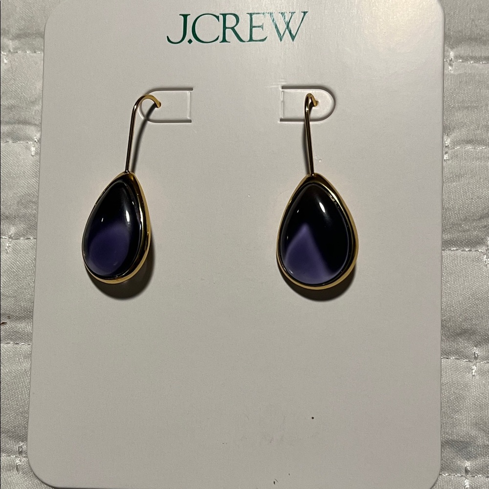 J. Crew Gold Teardrop Earrings with Purple and Black Accents. NWT